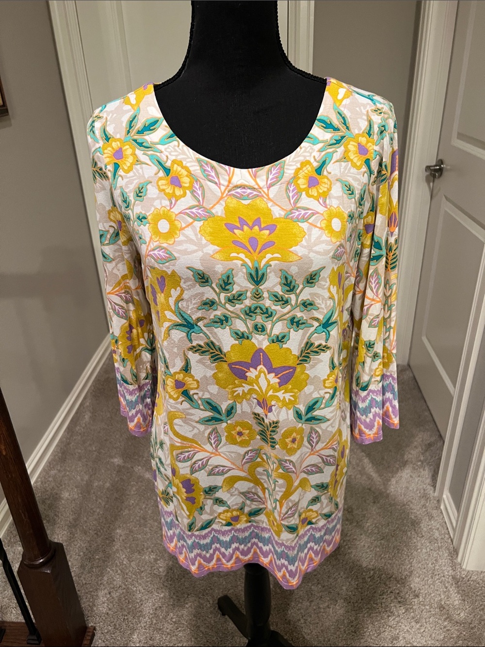 Belle by Kim Gravel Scoop Neck Floral Tunic in Yellow, Green & Purple Accent
